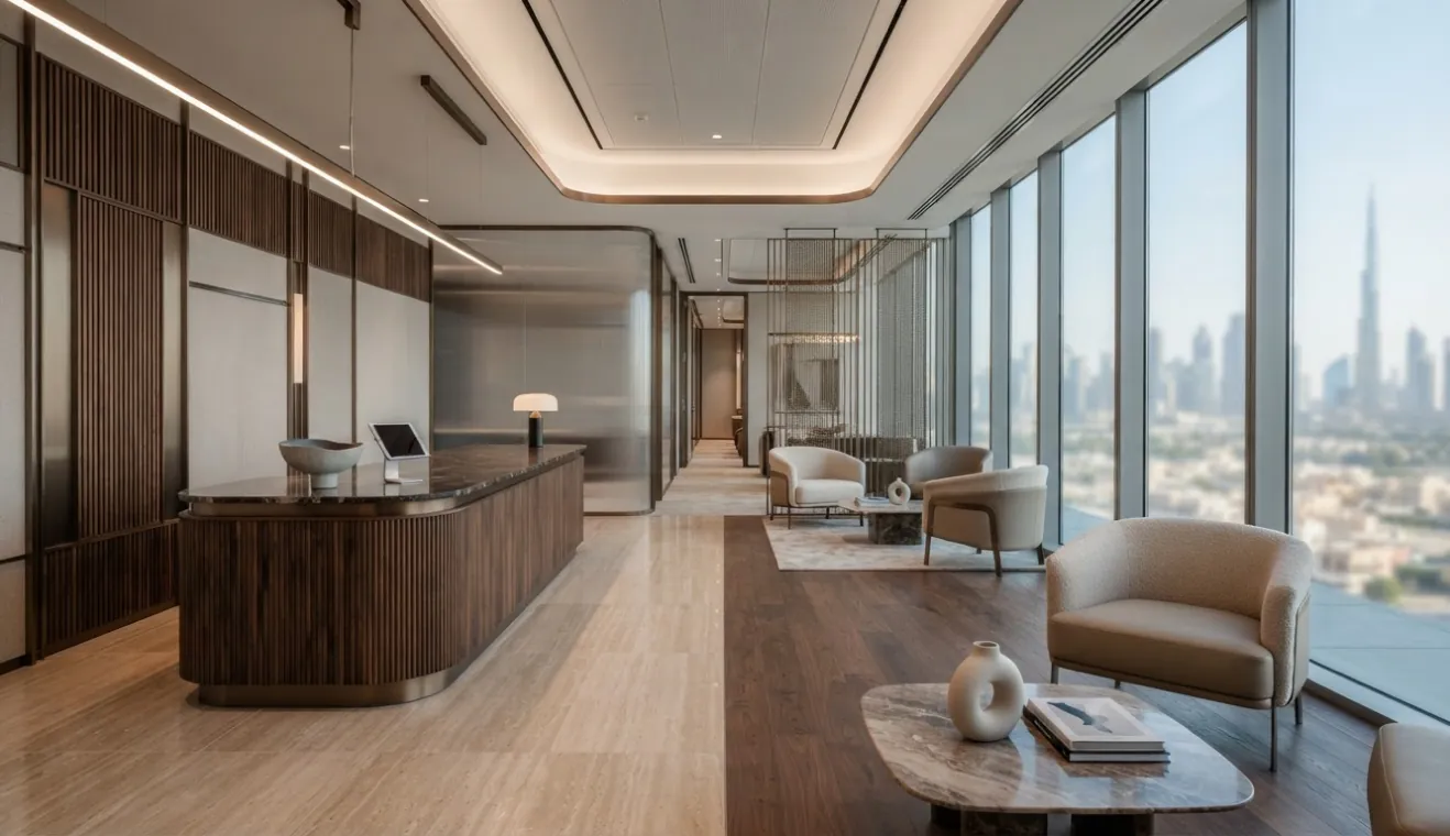 Fitted-out interior with reception desk and city views
