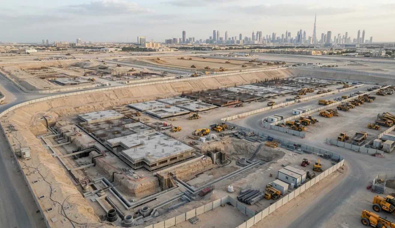 Aerial view of a construction site during civil works and site preparation