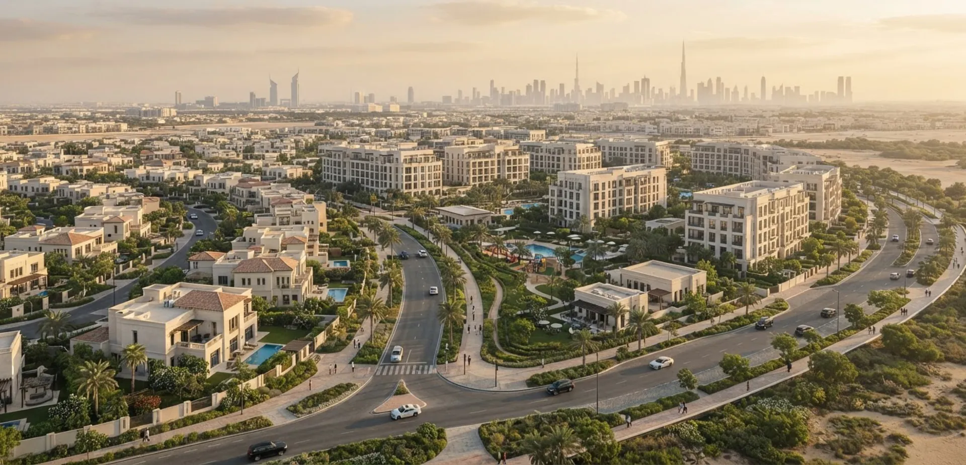 Aerial view of a master-planned villa community at sunset