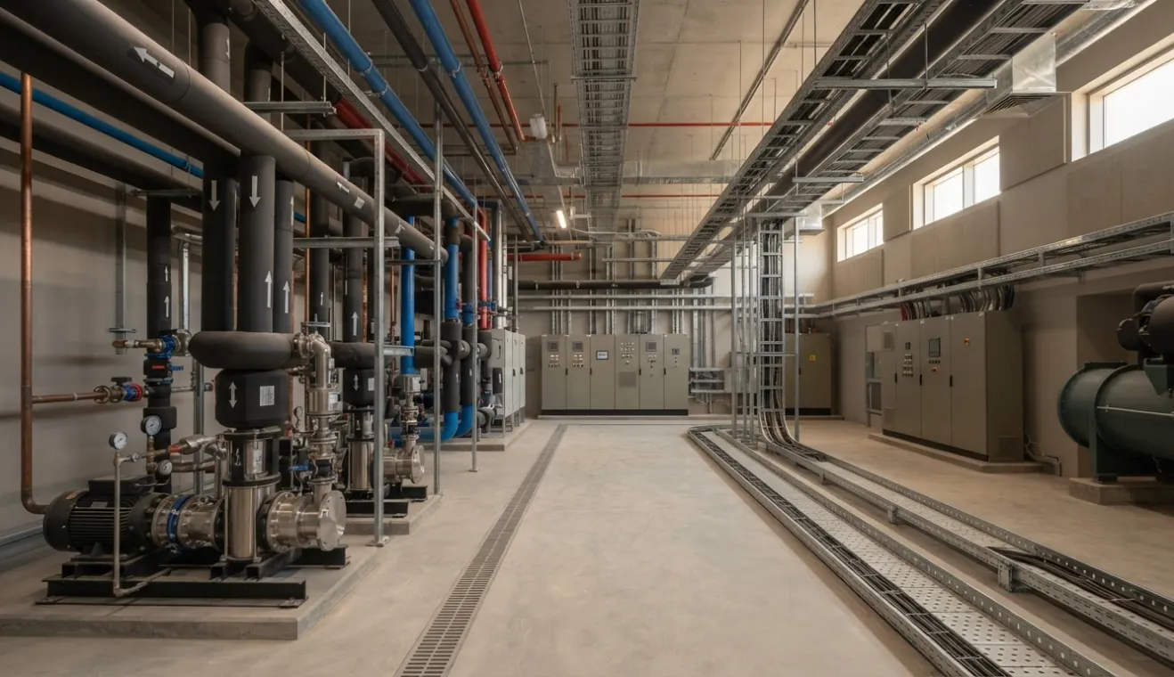 Building services plant room with pipework and MEP equipment