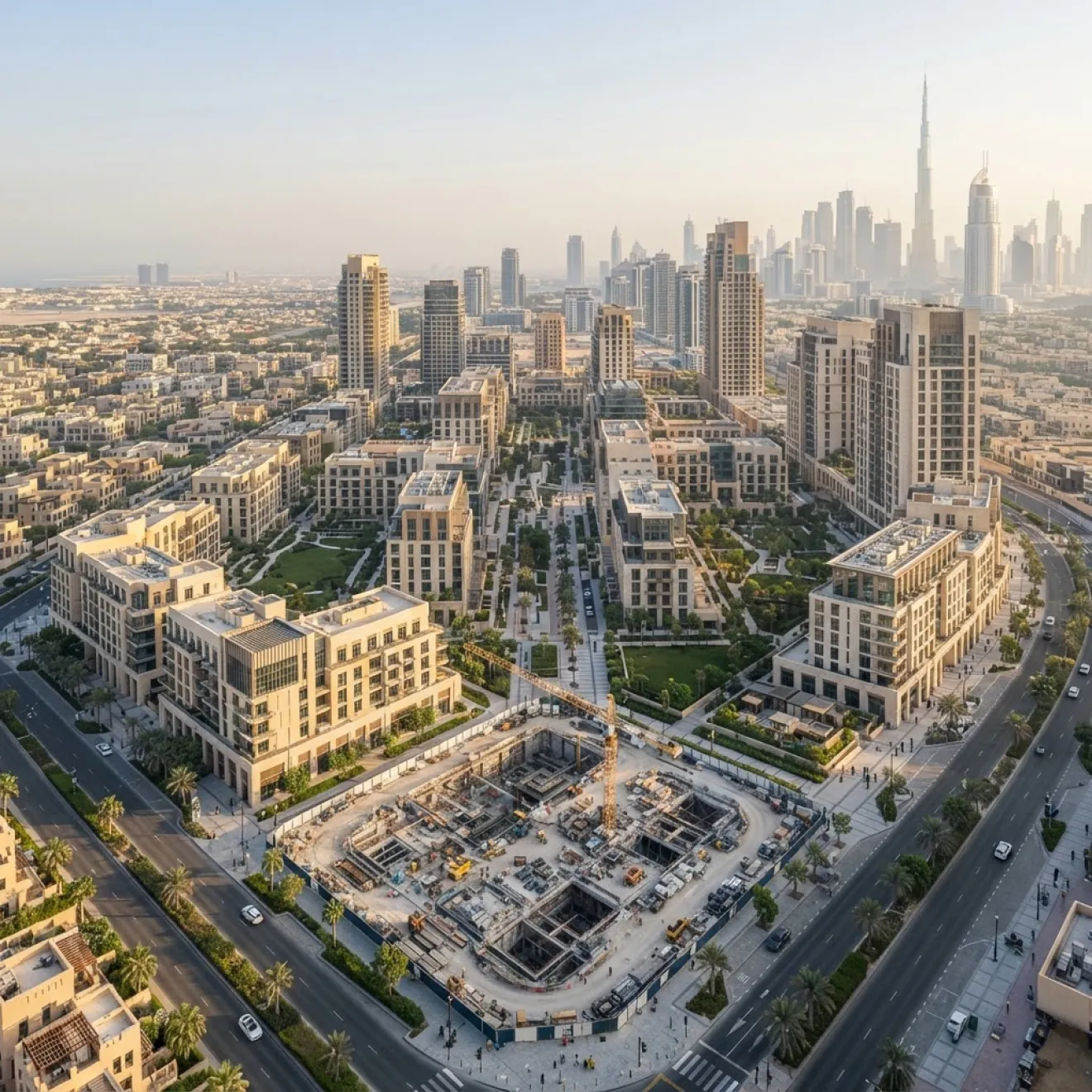 Aerial view of a mixed-use development under construction in Dubai