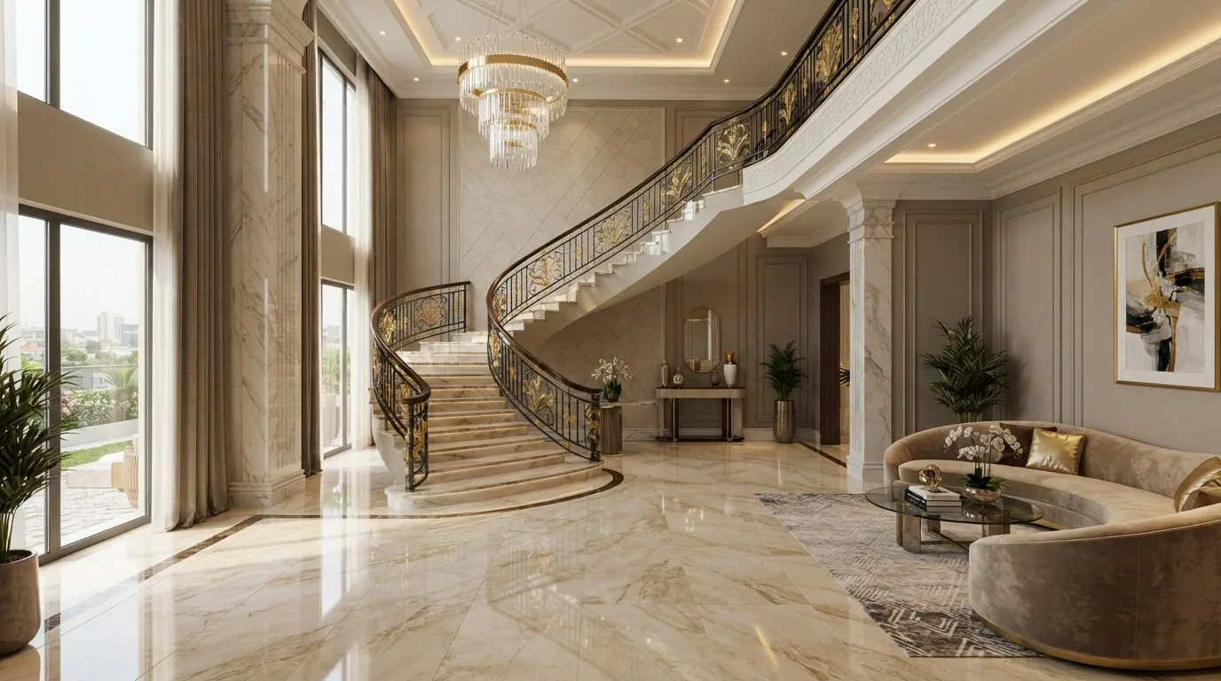 Villa and duplex interior design in Nigeria with a sweeping marble staircase and formal lounge