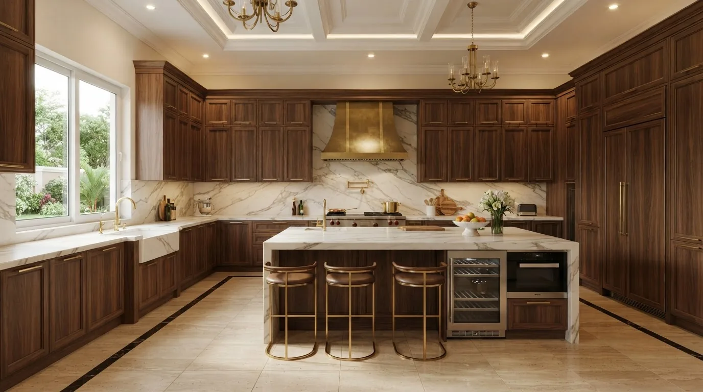 Bespoke joinery kitchen in Nigeria with walnut cabinetry and marble island by Rayfitout