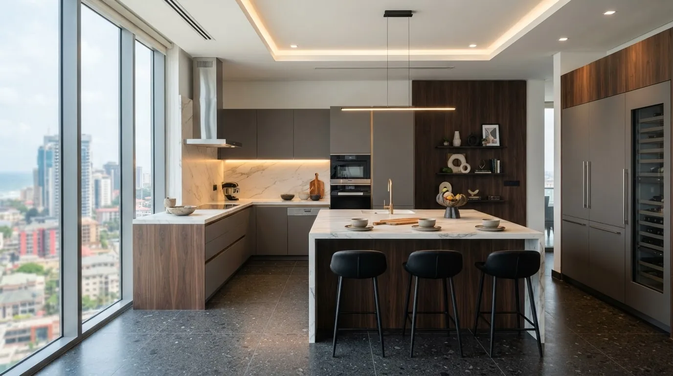 Penthouse and apartment interior design in Lagos with open-plan kitchen and city views