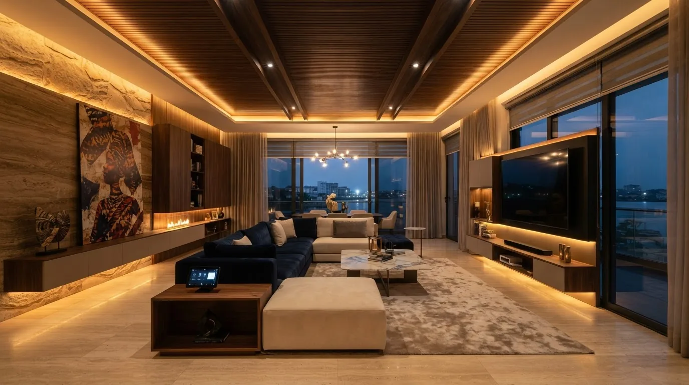 Luxury interior design in Nigeria with integrated cove lighting and smart-home controlled lounge