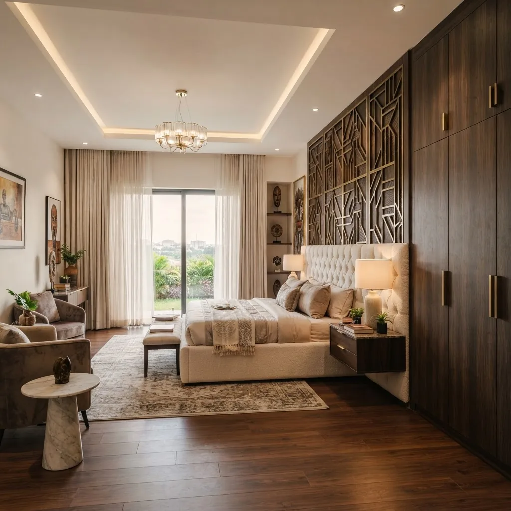 Luxury home interior design in Abuja: master bedroom with bespoke wall panelling and made-to-measure wardrobes