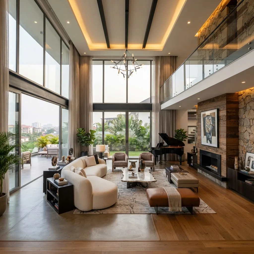 Bespoke interior design in Lagos: double-height villa living room with floor-to-ceiling glazing