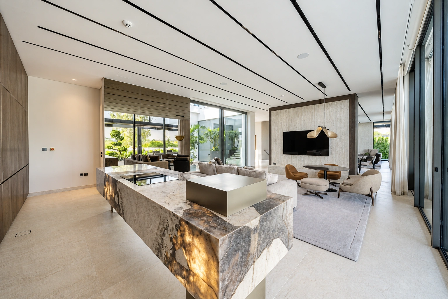 Kitchen with natural stone island and durable stone flooring, material selection for Harmattan conditions