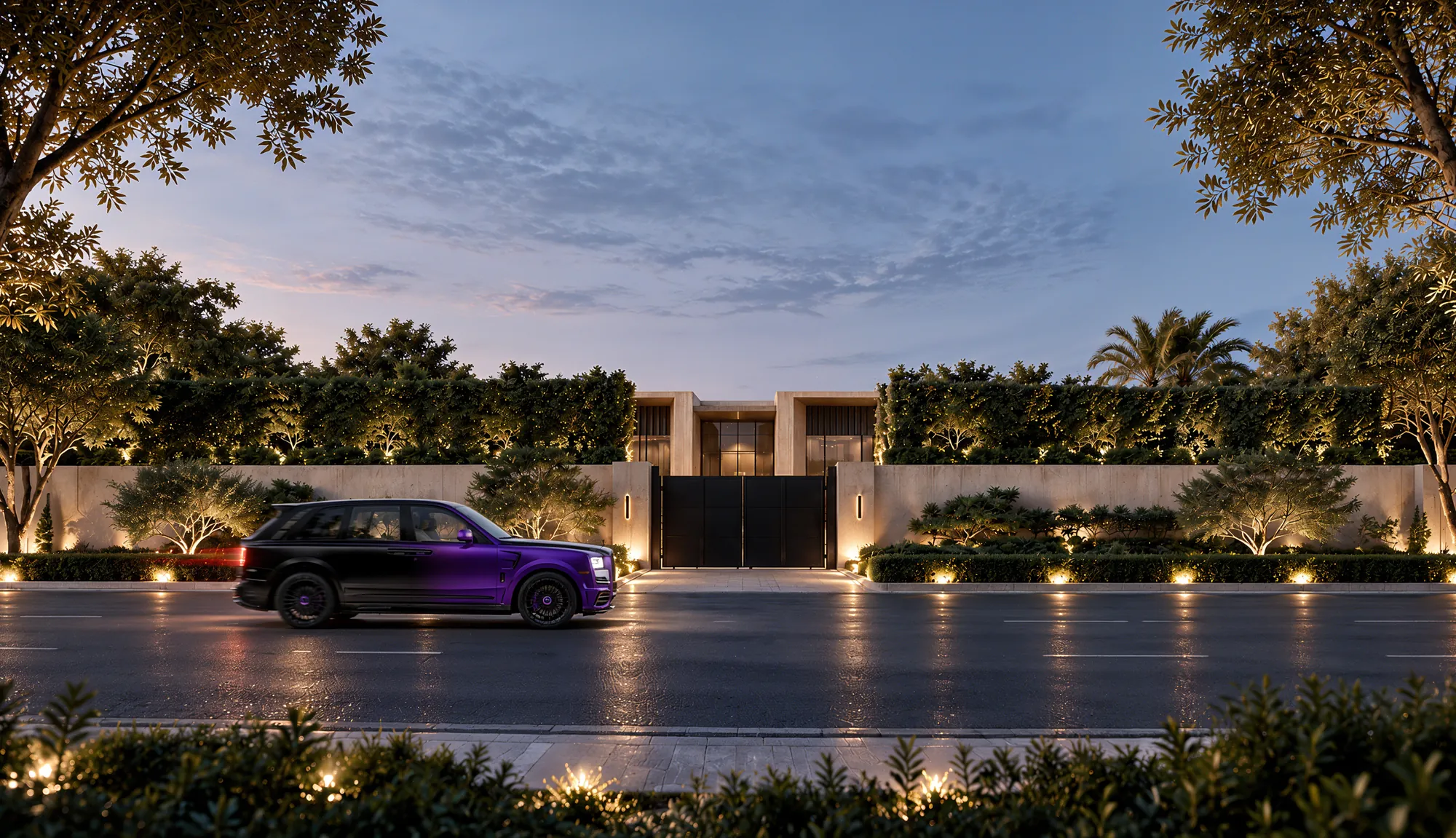 Luxury villa at dusk with illuminated facade and landscaped grounds, luxury interior design in Ghana by Rayfitout