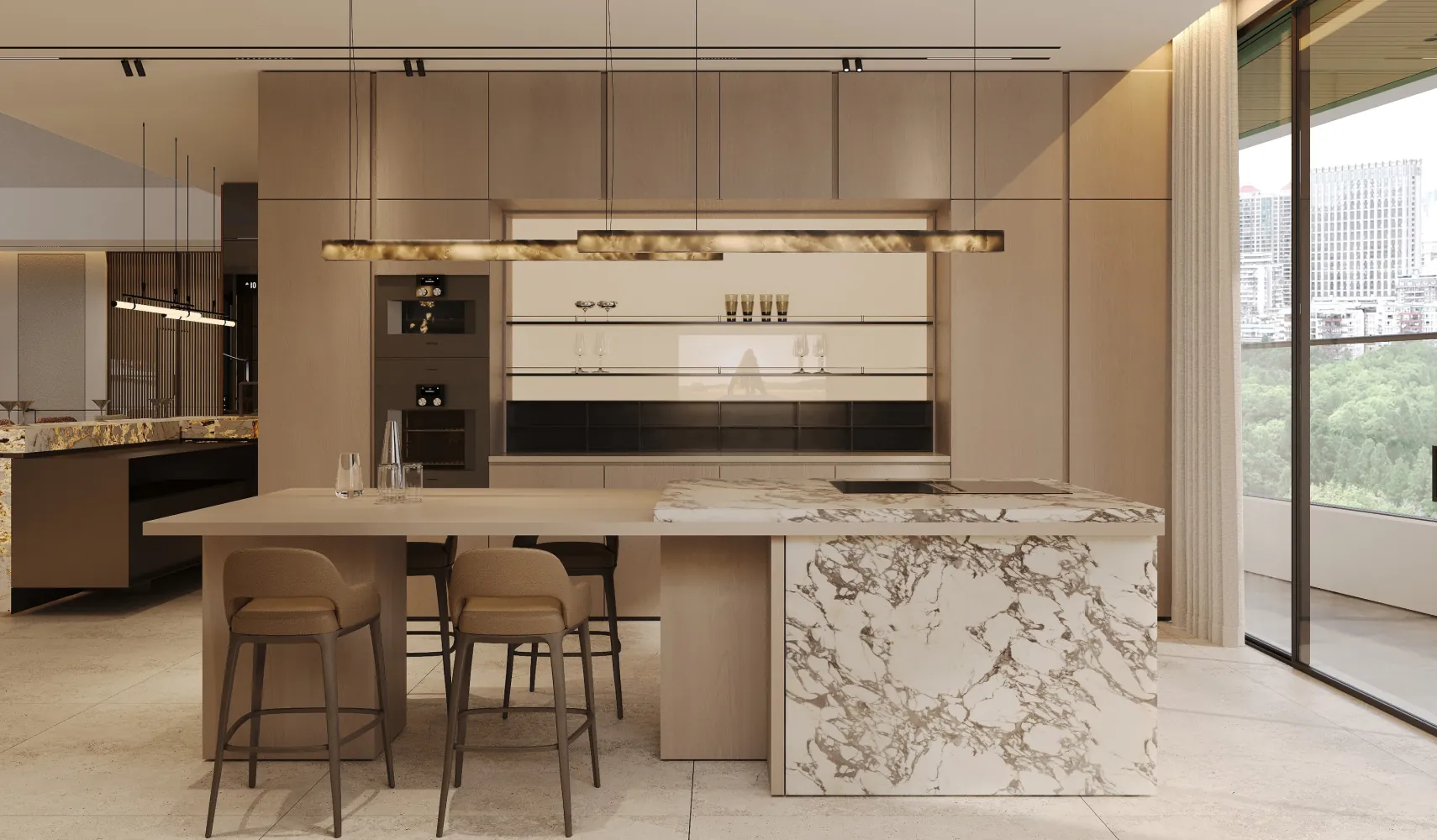 Bespoke kitchen joinery with marble island and fitted cabinetry made in Rayfitout's Dubai production facility for Ghana homes