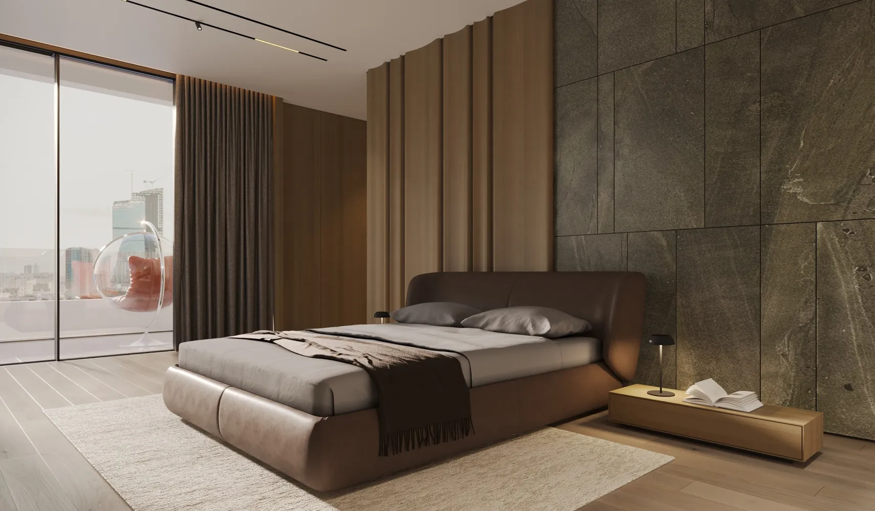 Penthouse bedroom with stone feature wall and fitted wardrobes for apartment and penthouse interior design in Ghana