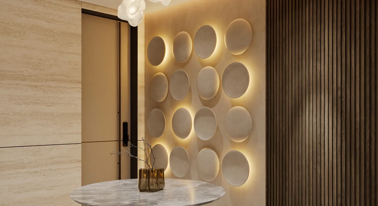 Entrance lobby with backlit wall feature, lighting, smart-home and security integration for South African homes