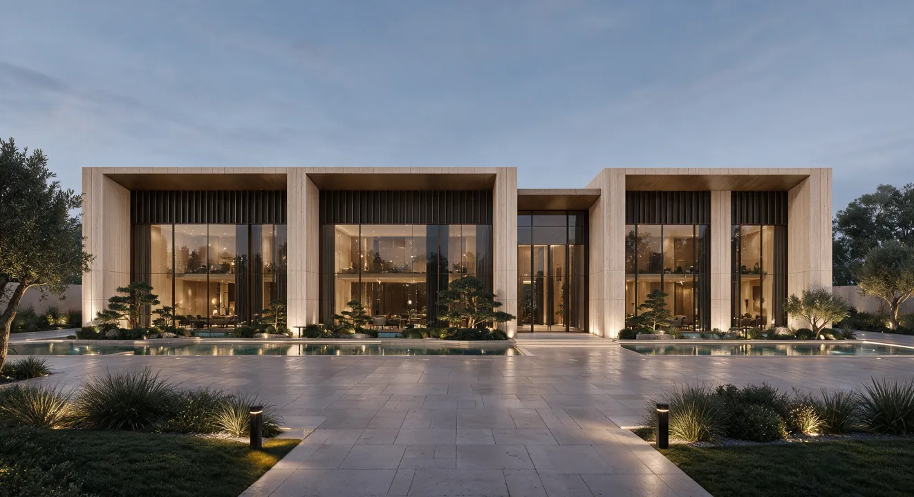 Contemporary villa facade at dusk, tailored interior design for South African homes with backup power and smart systems