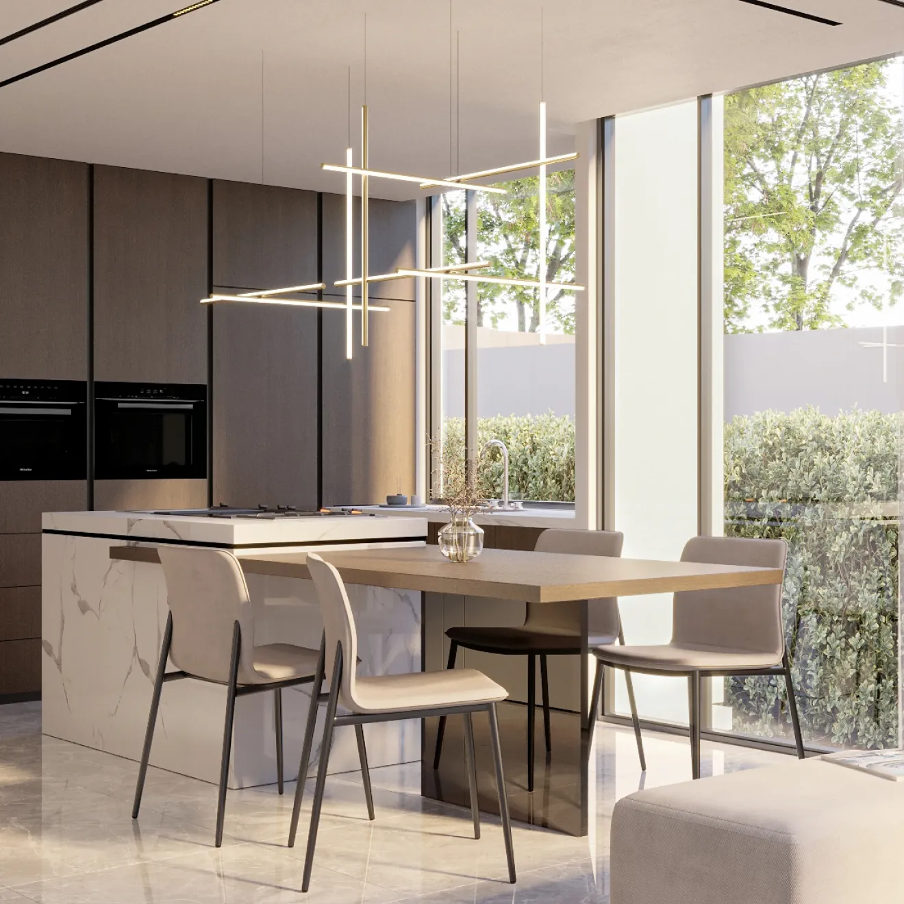 Luxury kitchen and dining interior with linear pendant lighting by Rayfitout, reflecting over 37 years of interior design experience