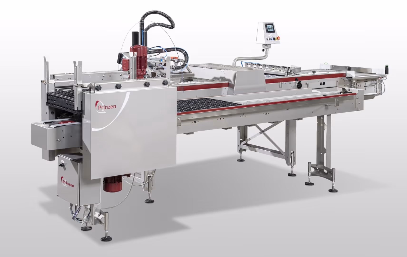 Grote industriële Prinzen-sorteer- of verwerkingsmachine met transportbanden en bedieningspaneel.
