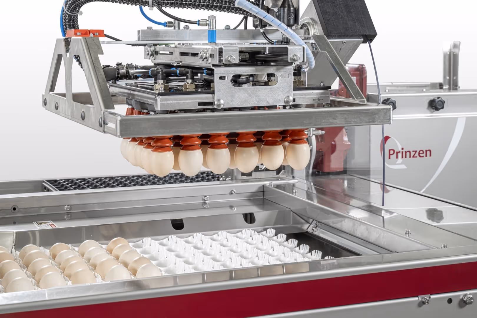 Automatische machine waarbij eieren met zuignappen boven een eierbakje worden getild om ze te verpakken.