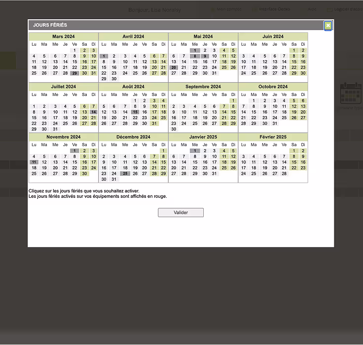 Configuration des jours fériés dans l'interface de gestion
