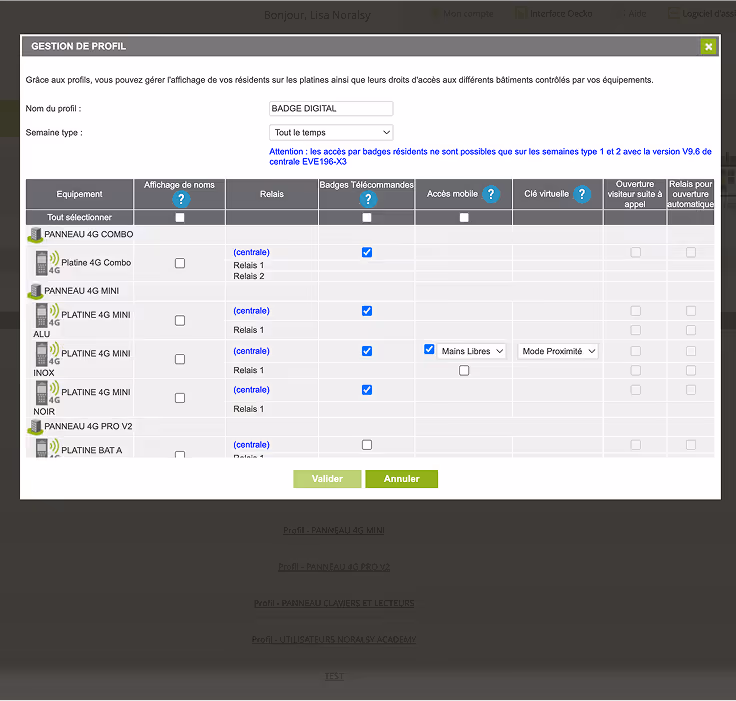 Gestion des profils d'accès dans l'interface