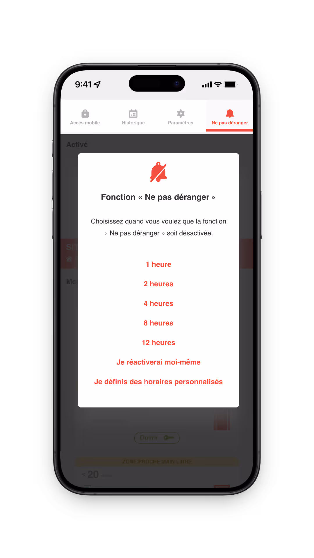 Visuel du mode ne pas déranger dans l'application