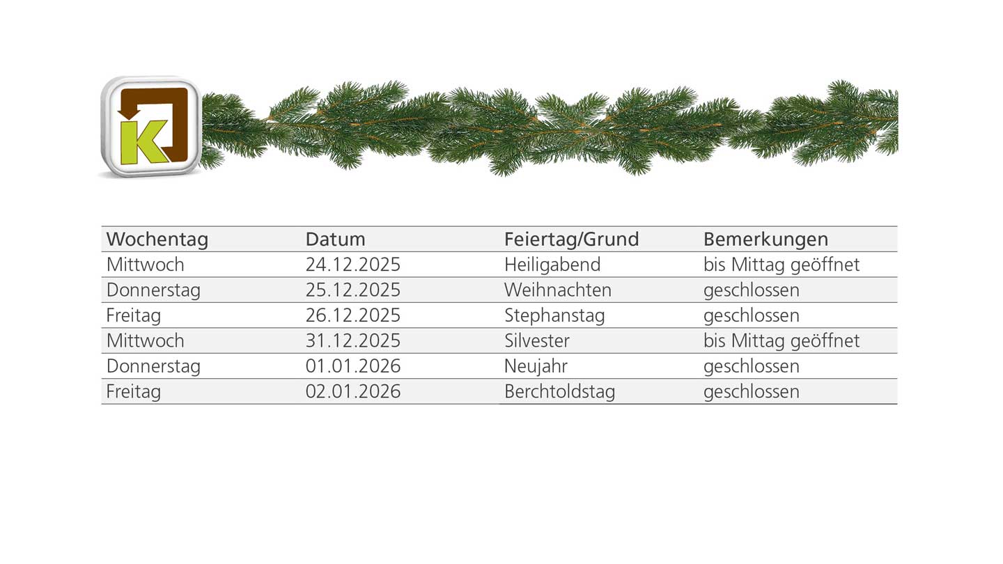 Übersicht Öffnungszeiten Feiertage