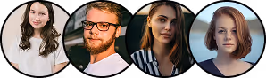 Four diverse adults with neutral to slight smile expressions in circular frames on black background.