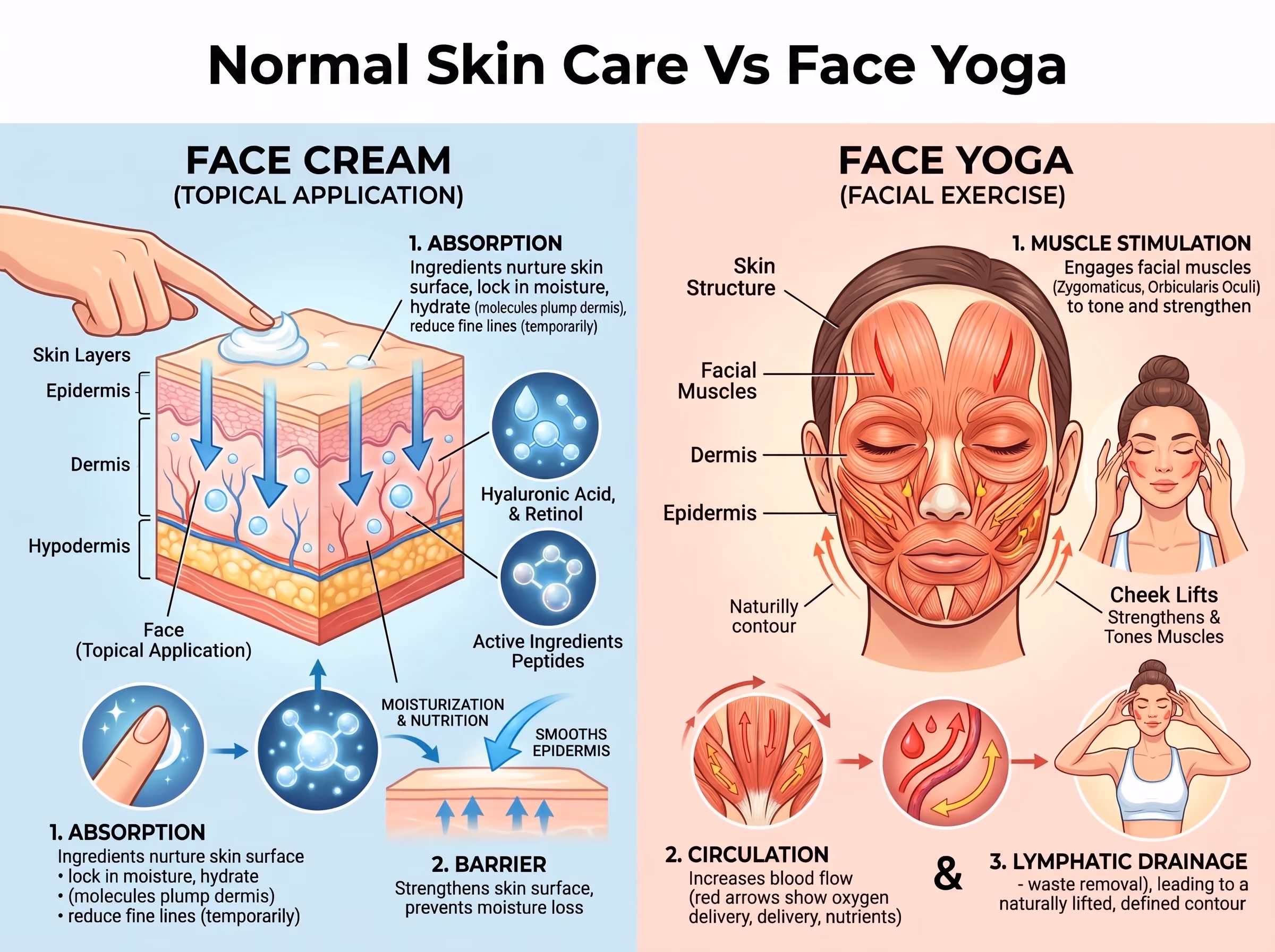 Diagram comparing face cream absorption and skin barrier with face yoga muscle stimulation and improved circulation.