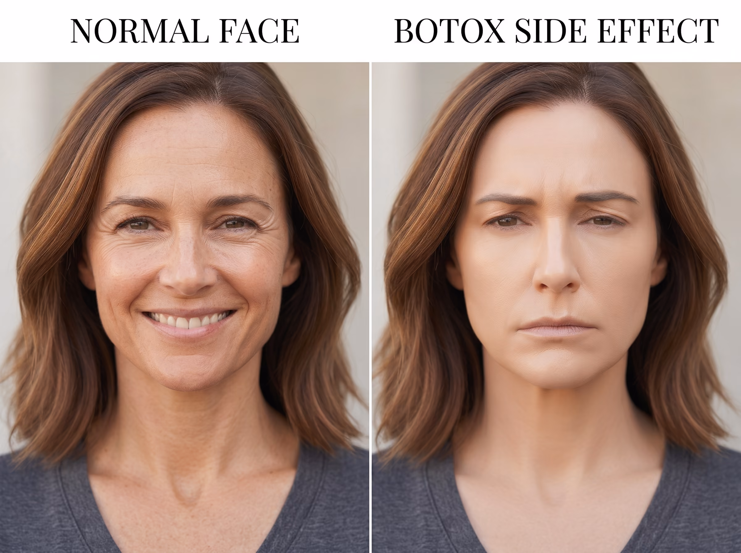 Side-by-side images of a woman; left smiling with wrinkles, right serious with smooth skin labeled Botox side effect.