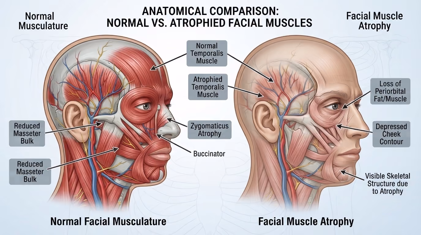 Side-by-side anatomical comparison of normal vs. atrophied facial muscles highlighting muscle loss and skeletal visibility.