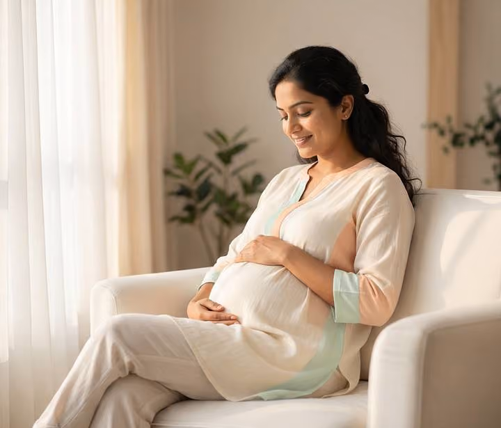 A pregnant woman resting her hands on her belly, seated by a window