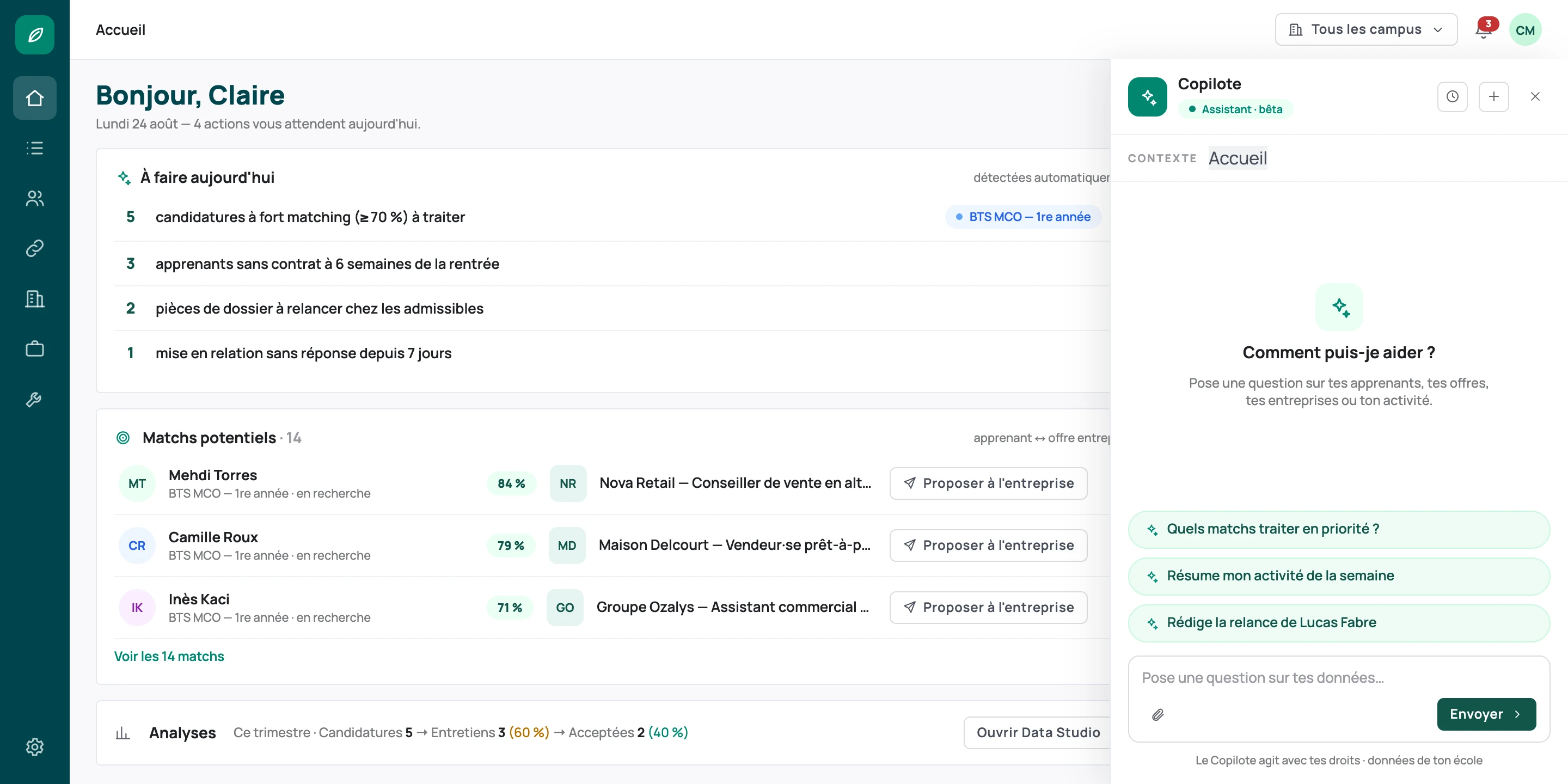 Accueil de l’application Bloom, avec le copilote ouvert