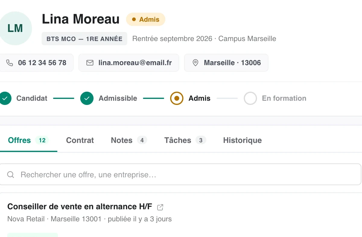 Fiche d’un apprenant admis dans Bloom