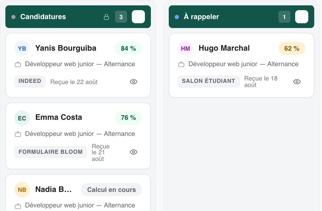 Tableau des candidatures dans Bloom, avec la source de chaque candidature