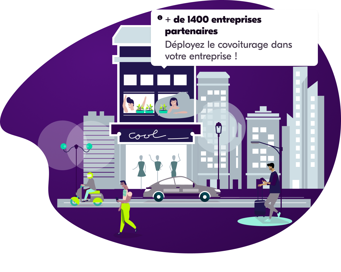 Illustrations de la ville avec plusieurs mode de transport Nombre d'entreprises partenaires de BlaBlaCar Daily (+1200)