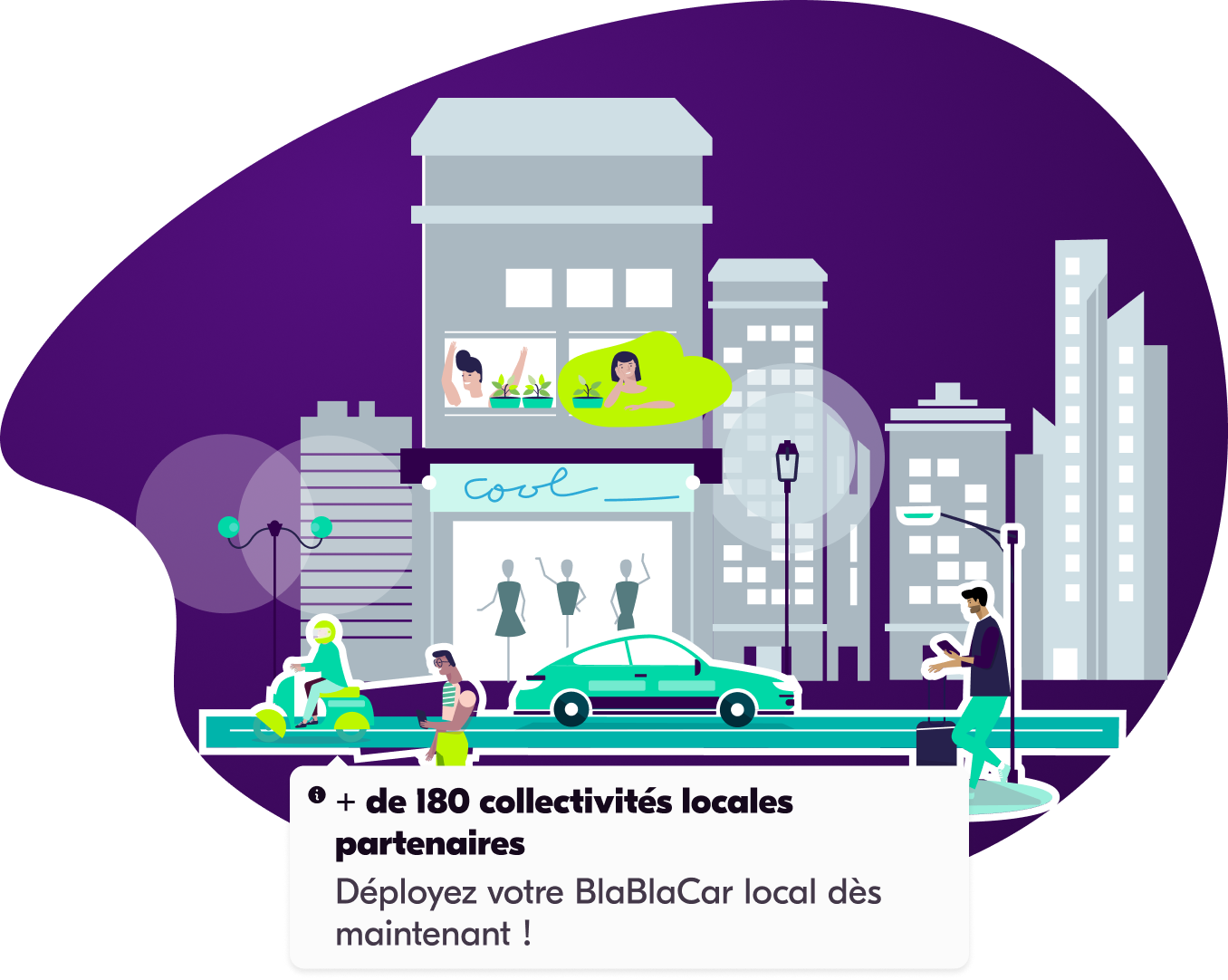 Illustrations de la ville avec plusieurs mode de transport 
nombre de collectivités locales partenaires de BlaBlaCar Daily (150)