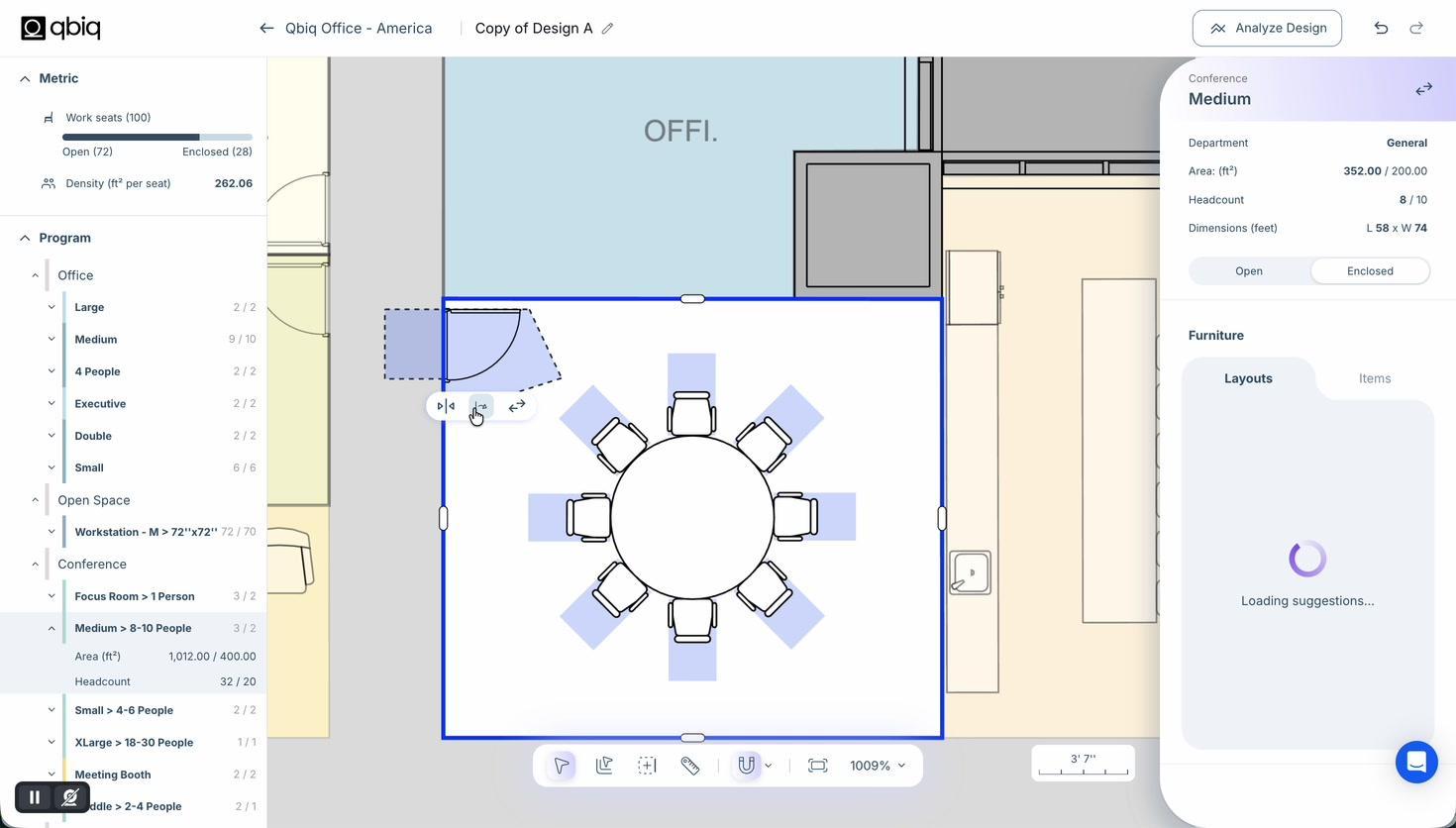 qbiq Studio workspace: editing a conference room with live metrics and program panel
