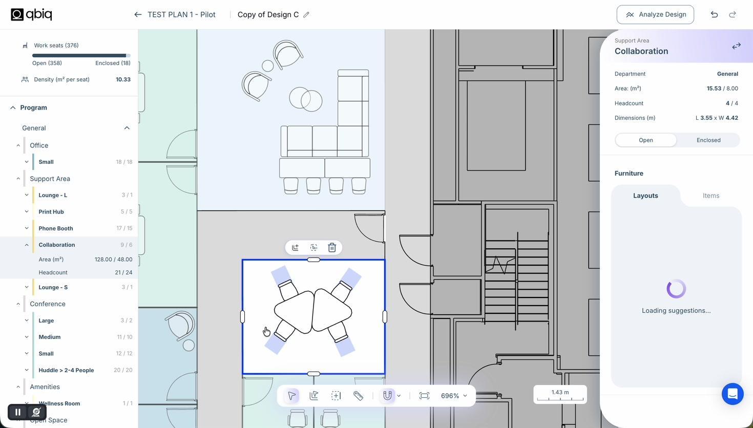 Editing furniture in a collaboration area in qbiq Studio