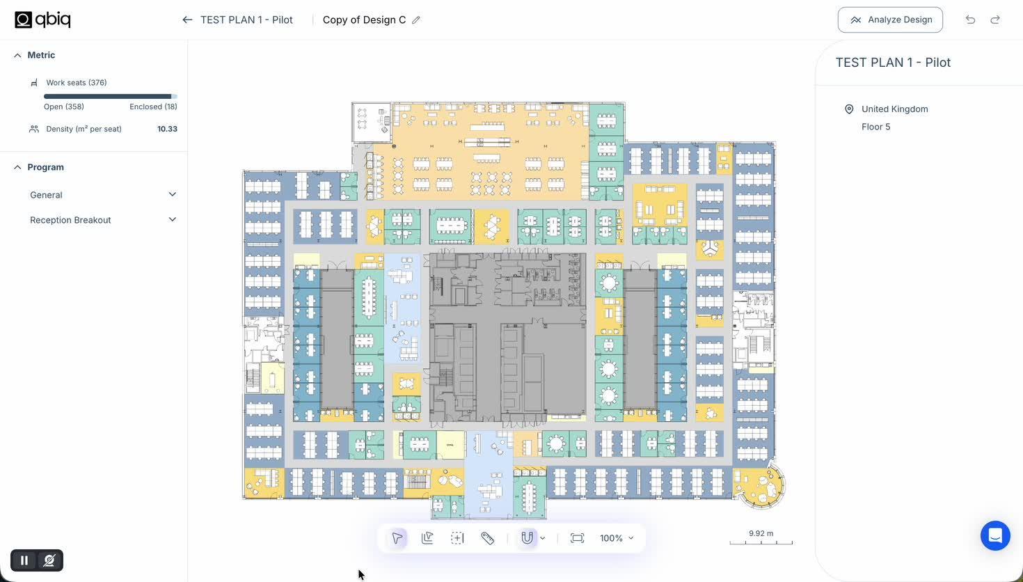 Color-coded floor plan with live program metrics in qbiq Studio