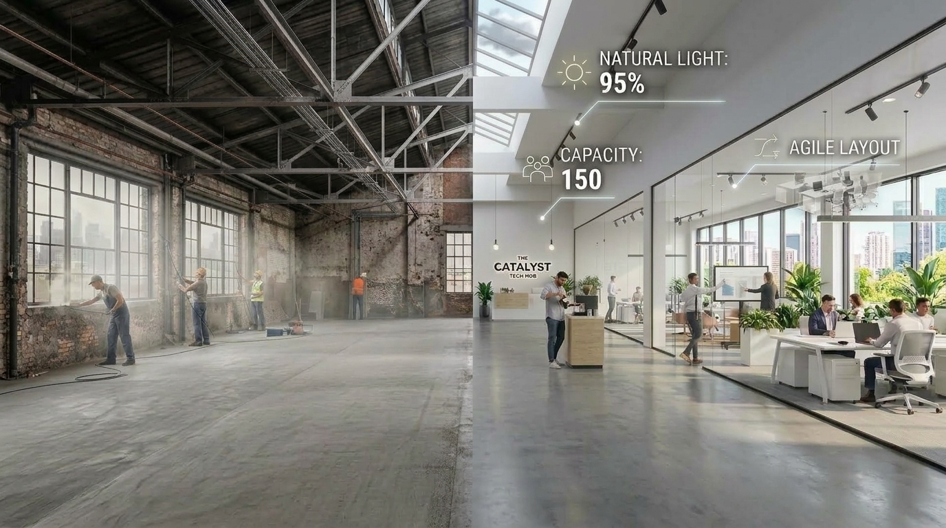 qbiq before and after: a raw warehouse transformed into a modern office, with natural light, capacity and agile-layout metrics