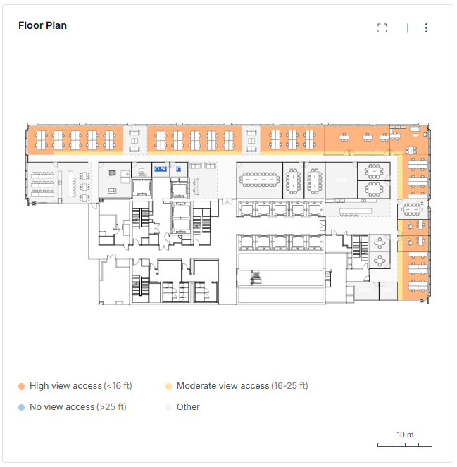 Daylight and Views: seats colored by distance to windows, under 16 ft, 16 to 25 ft, or beyond