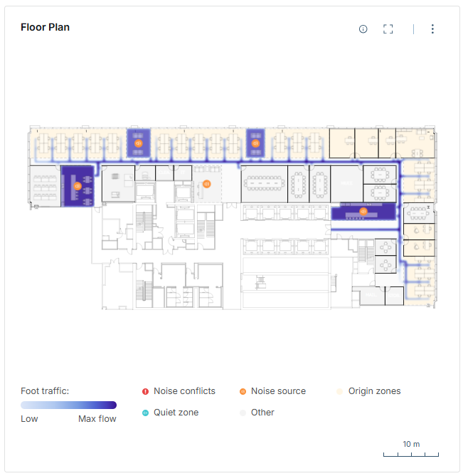 Flow Efficiency: a foot-traffic heat map along corridors with markers for noise conflicts and quiet zones