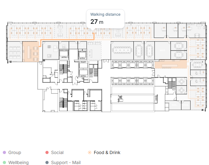 Proximity to Shared Spaces: one seat's walking route to a shared space, 27 m