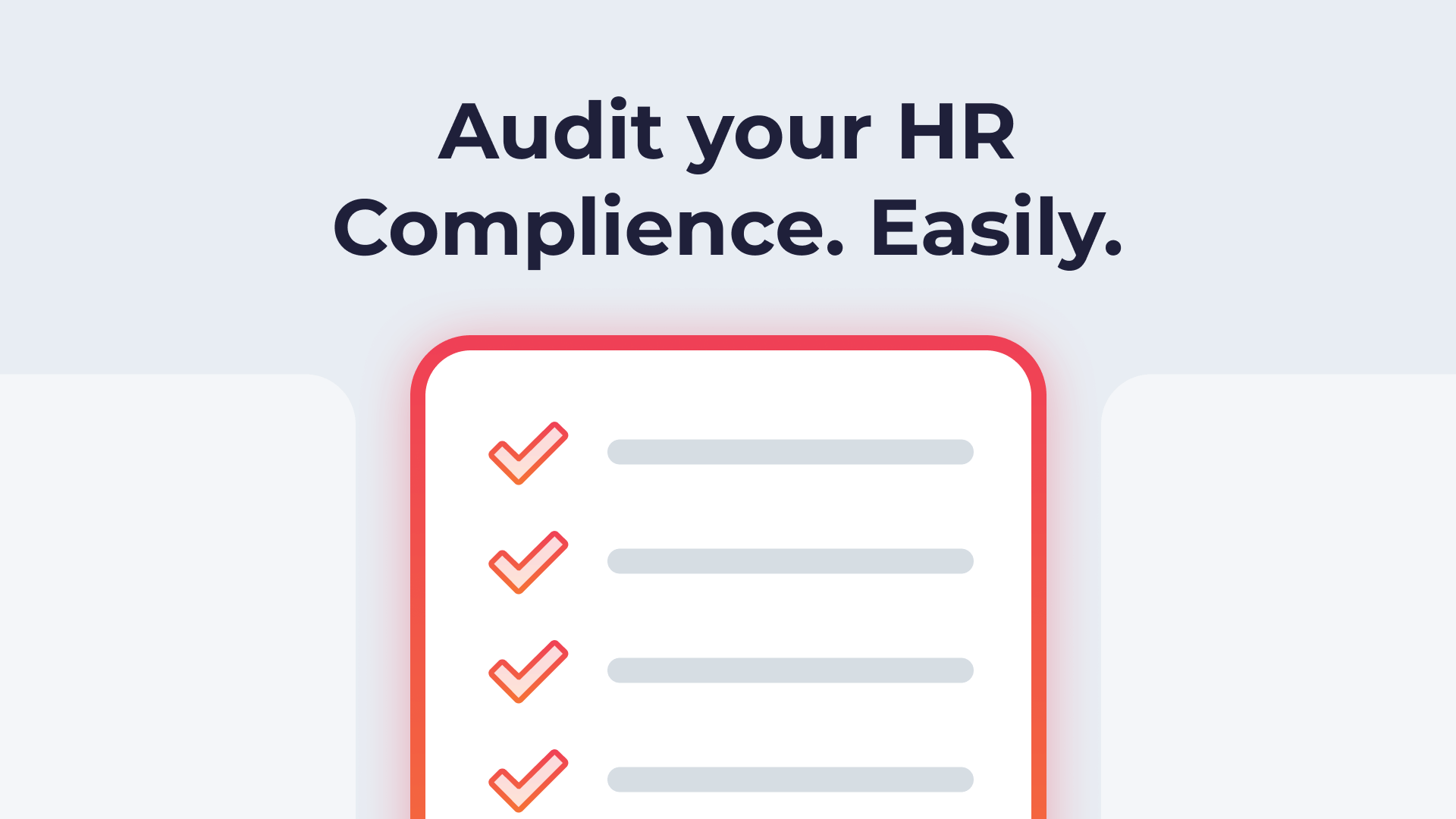 Clear caption reads "Audit your HR Compliance. Easily." above a checklist with red checkmarks, conveying efficiency and simplicity in HR audits.