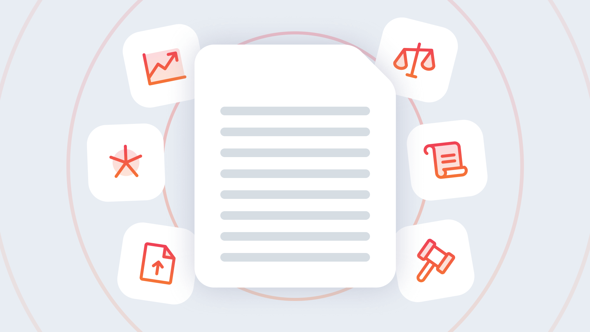 Illustration of a central document surrounded by icons: upward graph, star, scales, document, and gavel. The tone is professional and organized.