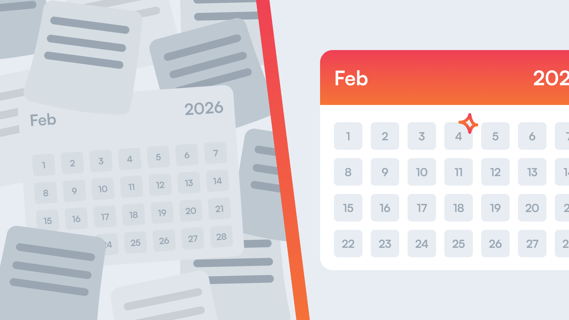 Split image of February 2026 calendars. Left has overlapping gray calendars; right features a single highlighted red-top calendar with a star on the 4th.