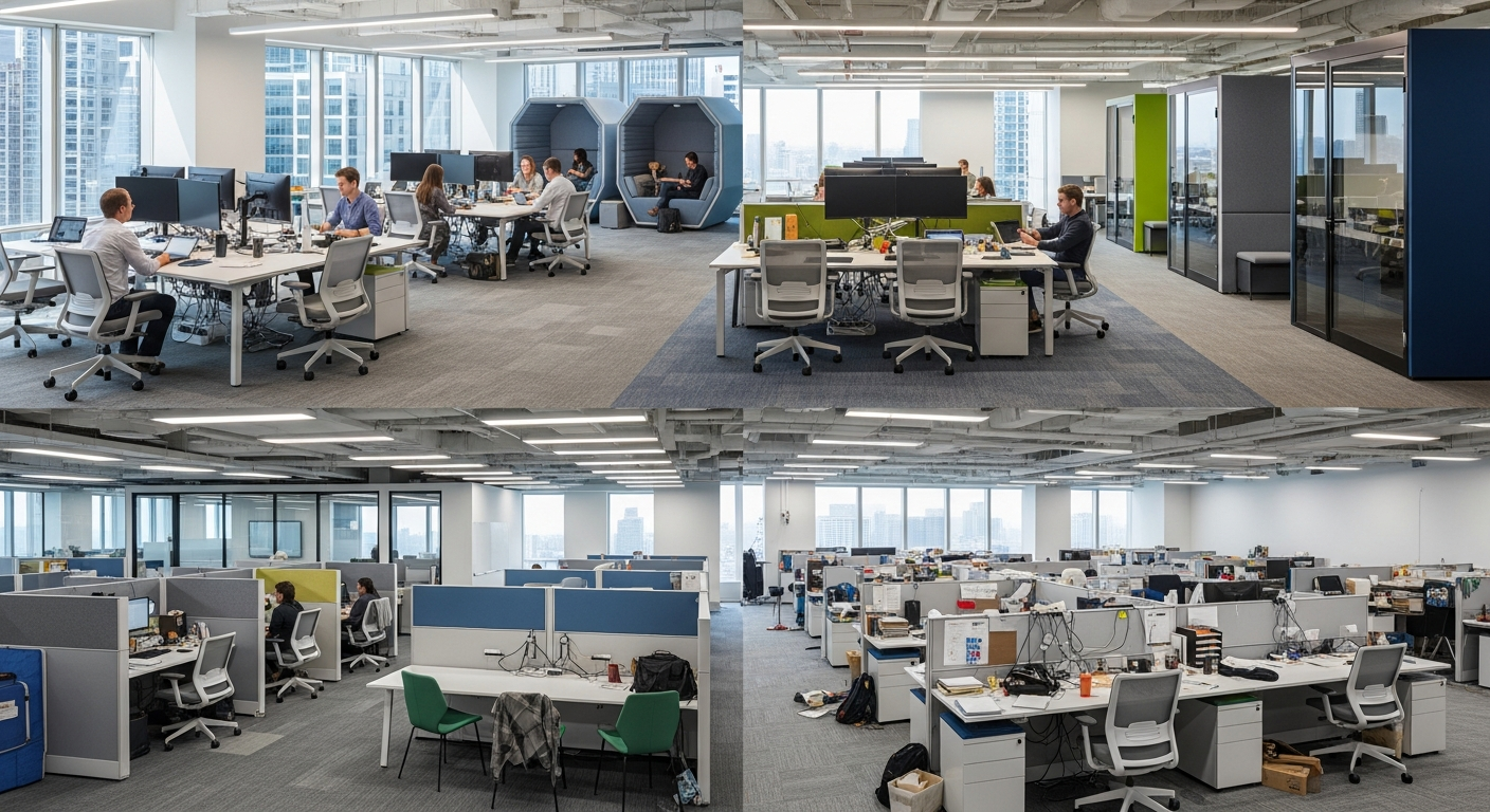 Modern office space with various layout zones showing both efficient and inefficient space utilization