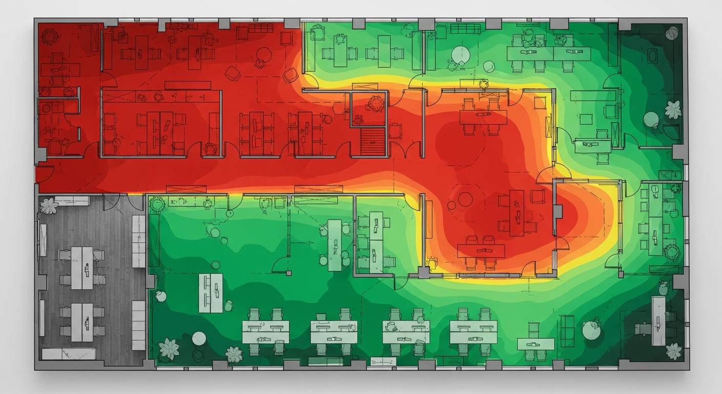 Heat map visualization showing office space utilization rates with red zones indicating underused areas and green showing optimal usage