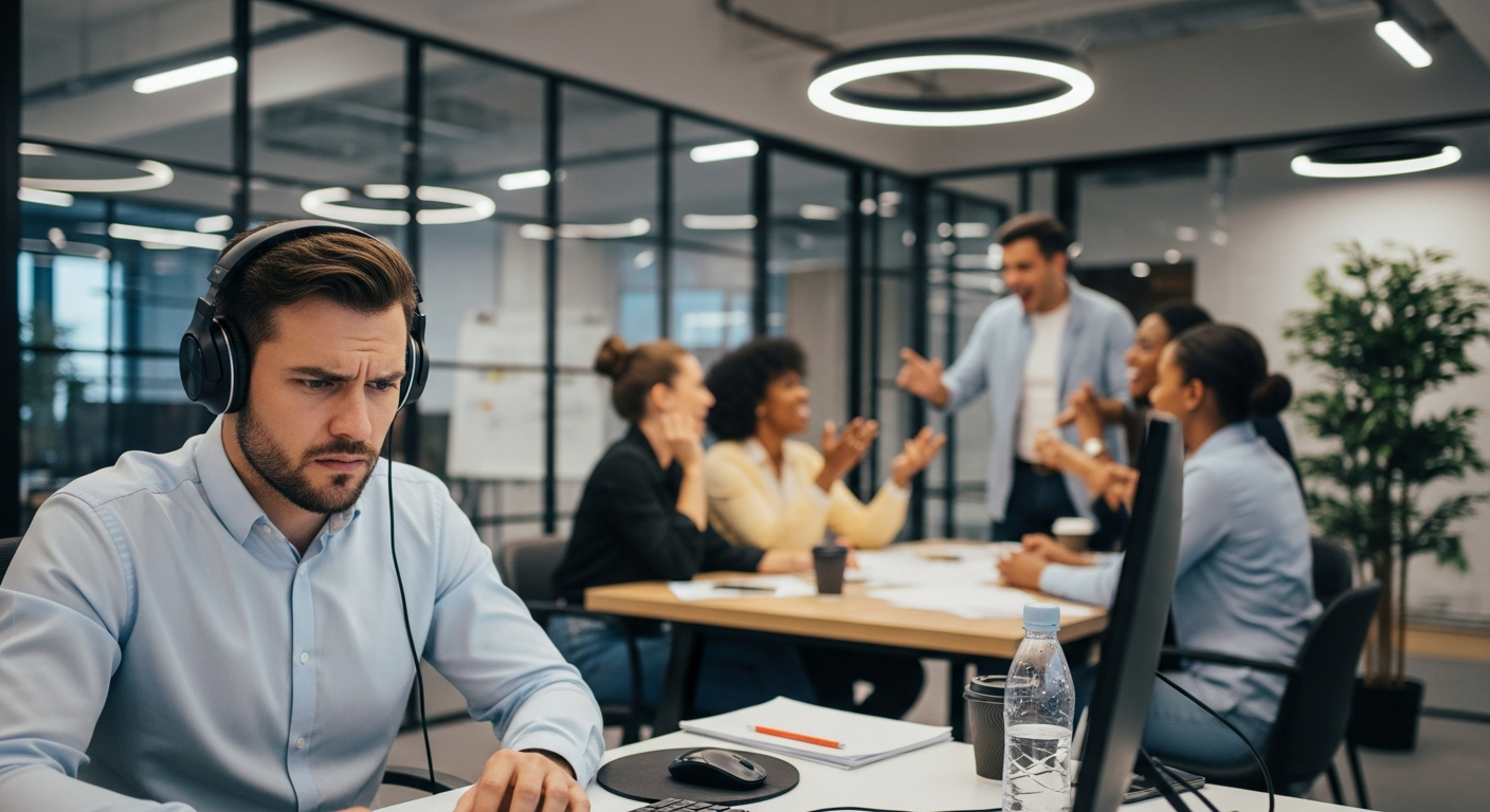 Office worker with headphones trying to concentrate while colleagues collaborate loudly in background, illustrating noise distraction impact