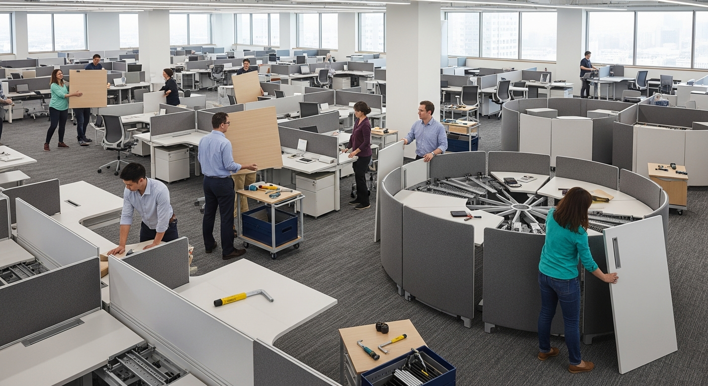 Modular office furniture being reconfigured from individual workstations to collaborative team pods, showing adaptability in action