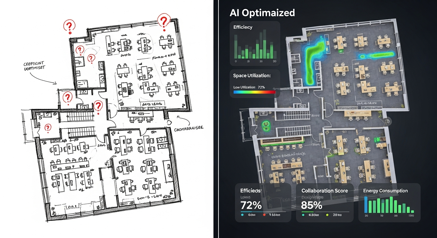Split comparison showing traditional hand-drawn office plans with question marks versus AI-generated optimized layout with data overlays and metrics