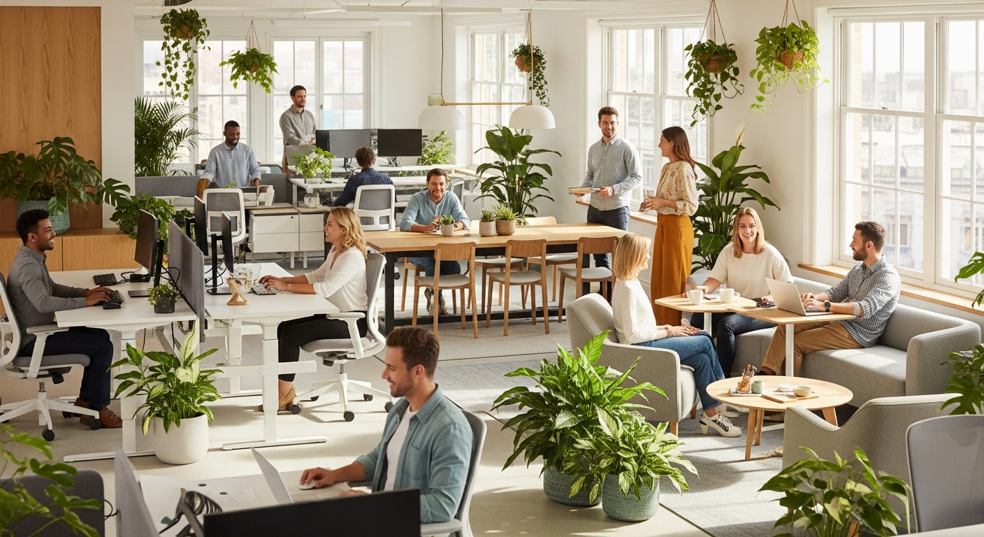Happy employees working in a well-designed office with natural light, plants, and comfortable ergonomic furniture